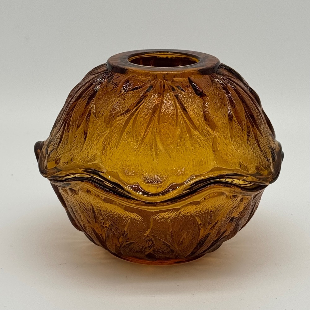 Vtg Indiana Glass Pebble Leaf Fairy Lamp Amber Gold 2pc Candle Holder No Chips
